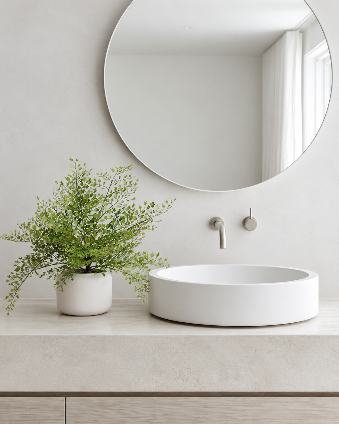 Maidenhair fern bush in a white pot on a bathroom vanity beside the basin