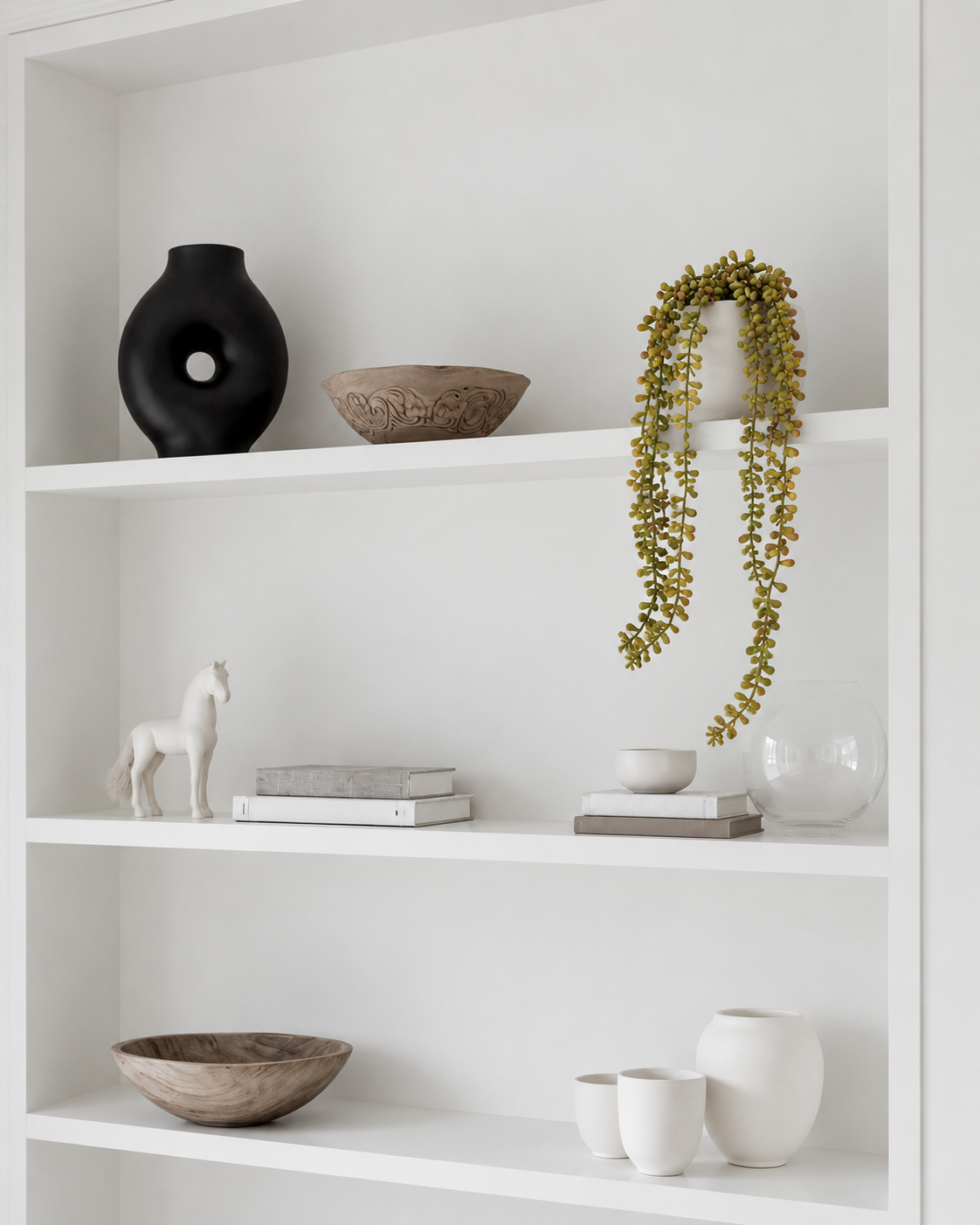 String of pearls spray in a small white pot on an upper shelf with strands trailing over the edge