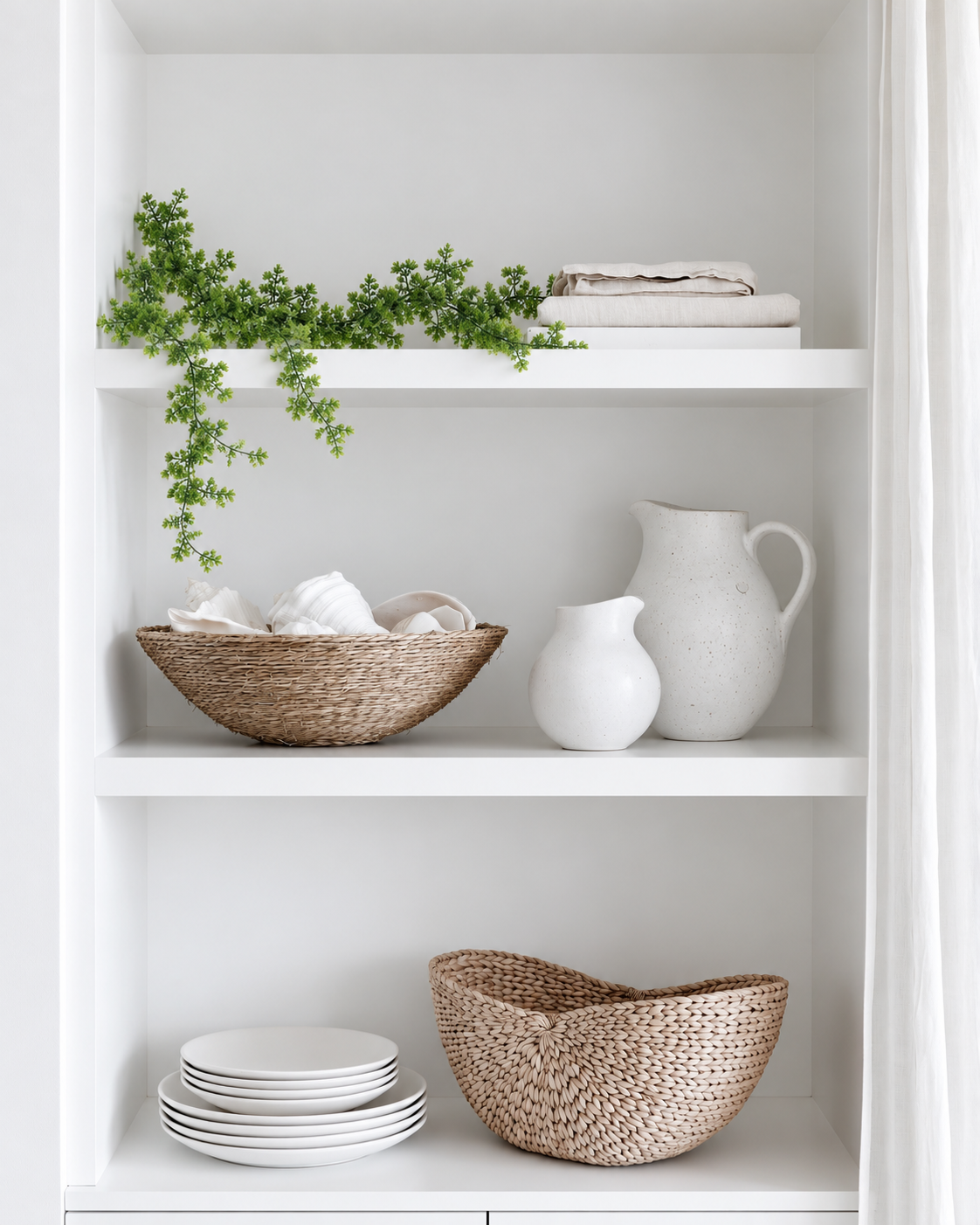 Coriander leaf garland draped along a white built-in shelf and trailing down the side