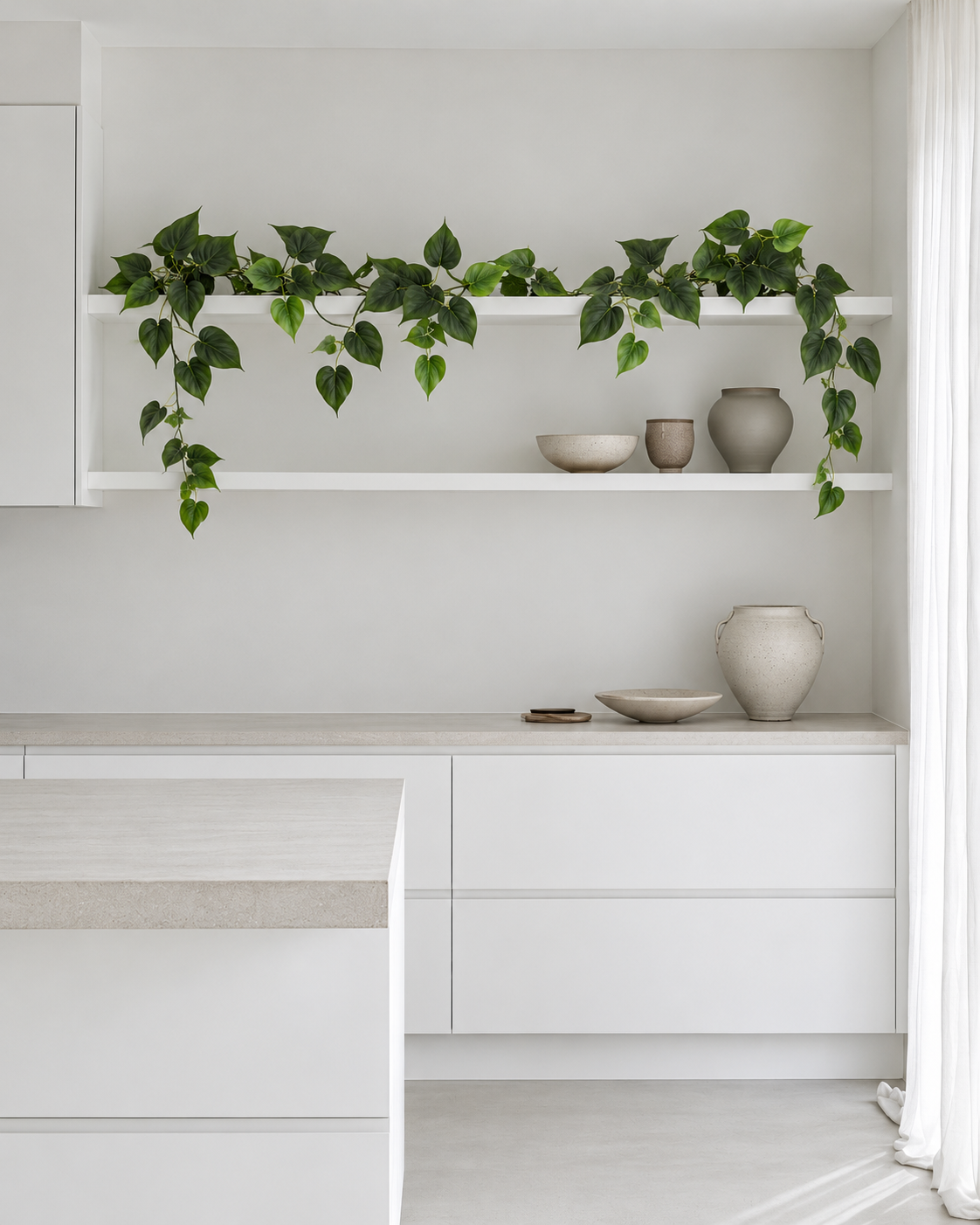 Philodendron garland draped along open white kitchen shelving with lengths trailing over the edge