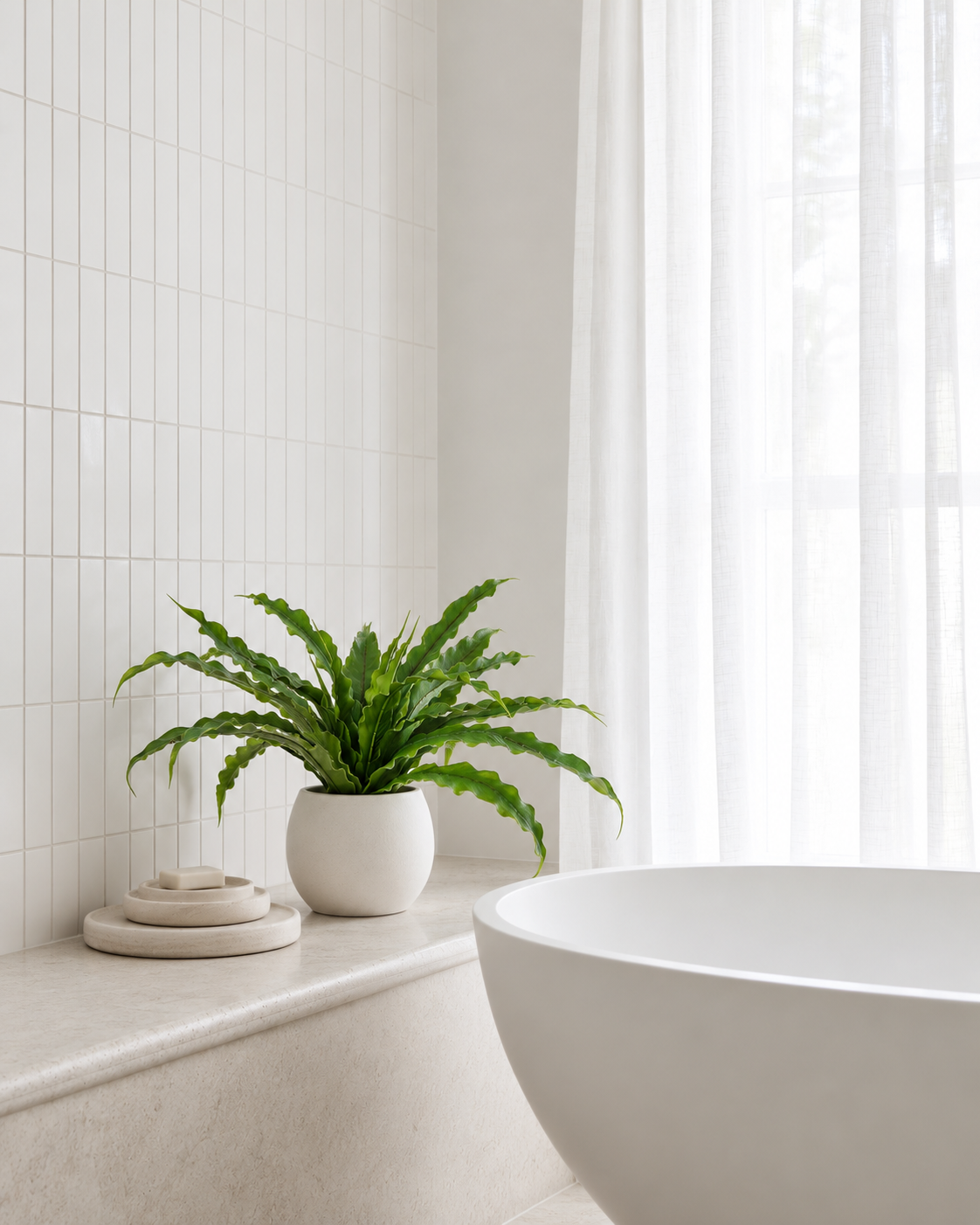 Bird's nest fern bush in a small white pot on a bath ledge beside a freestanding bath