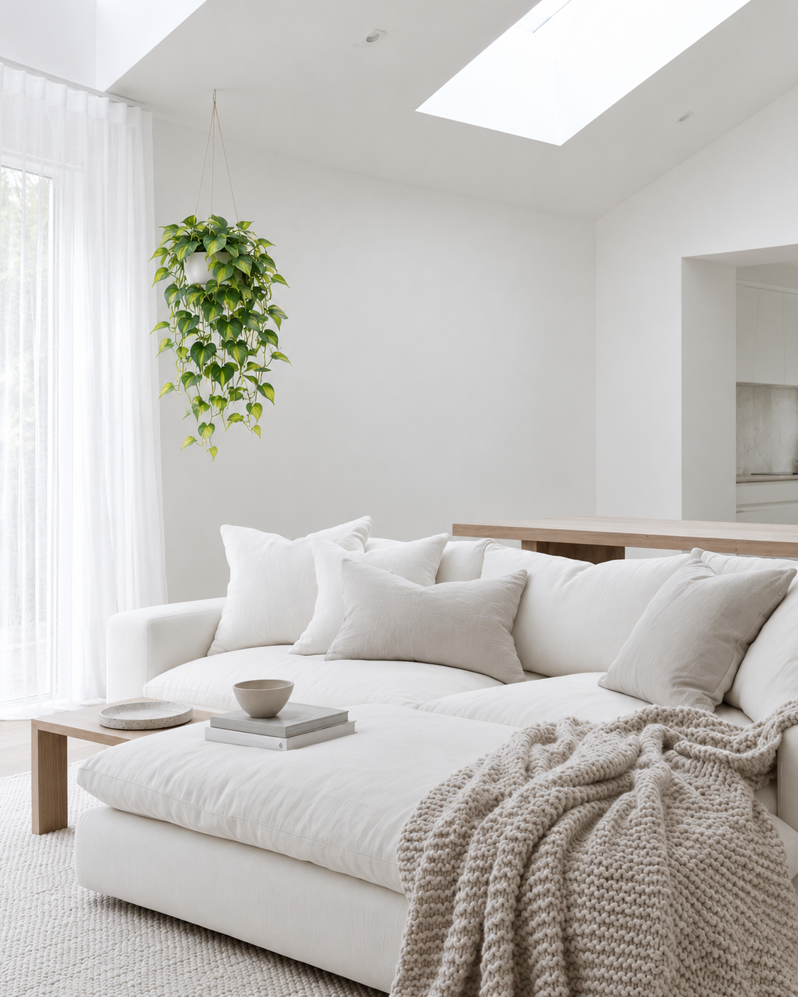 Holland philodendron bush in a white hanging pot in a bright living room with a skylight