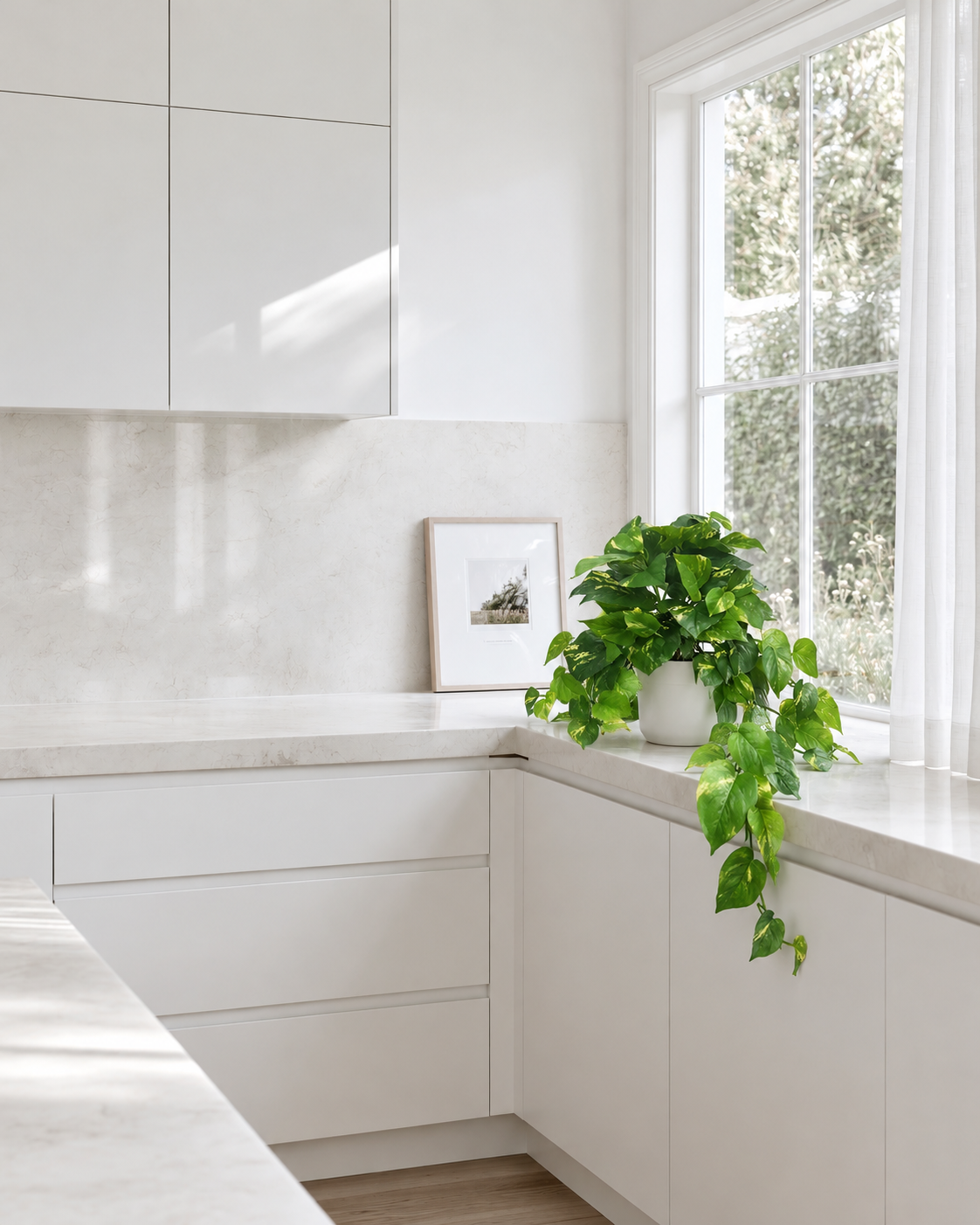 Variegated pothos bush in a white pot on the corner of a kitchen bench, trailing over the edge
