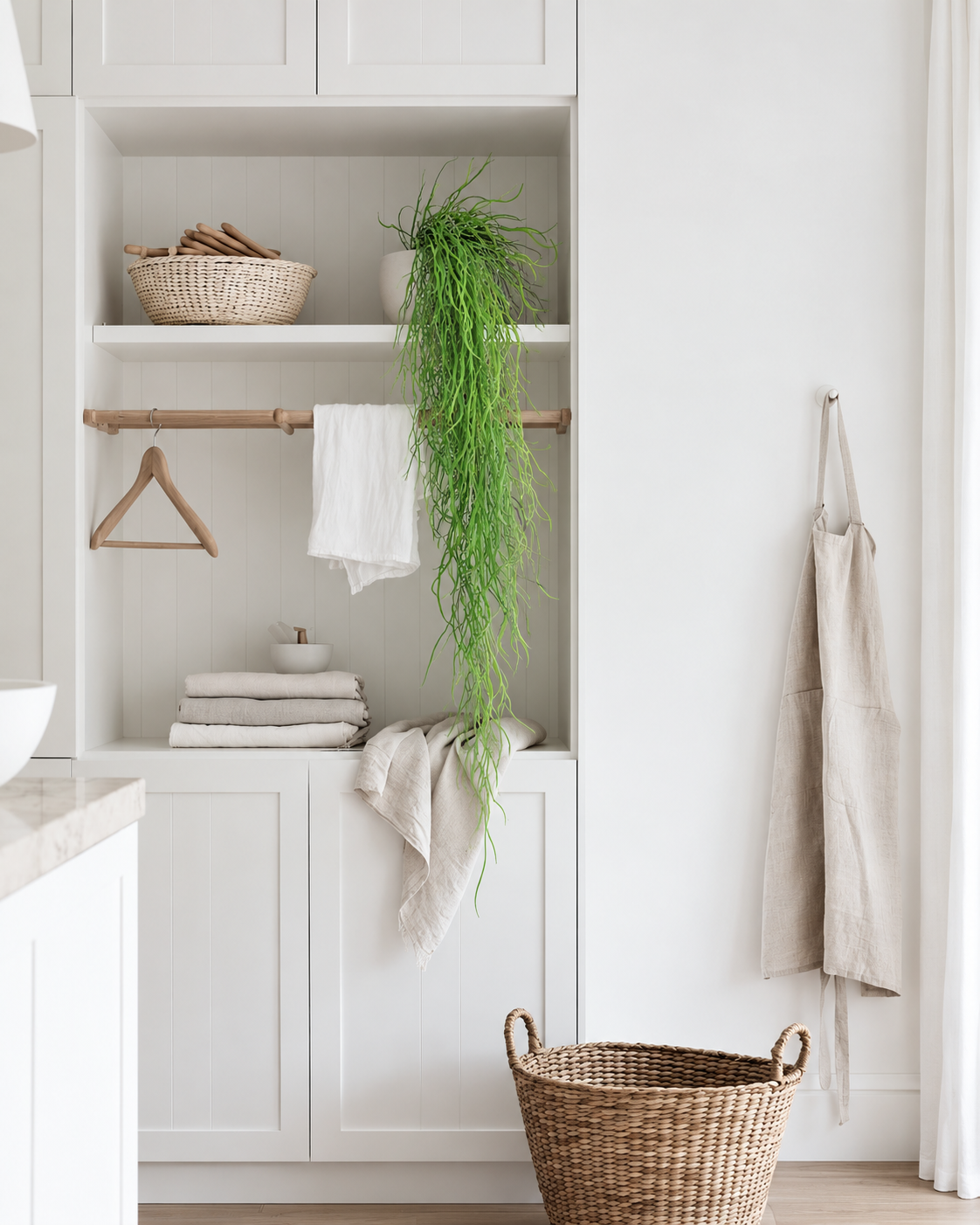 Hanging grass vine trailing from a small white pot on the top shelf of a white laundry cupboard