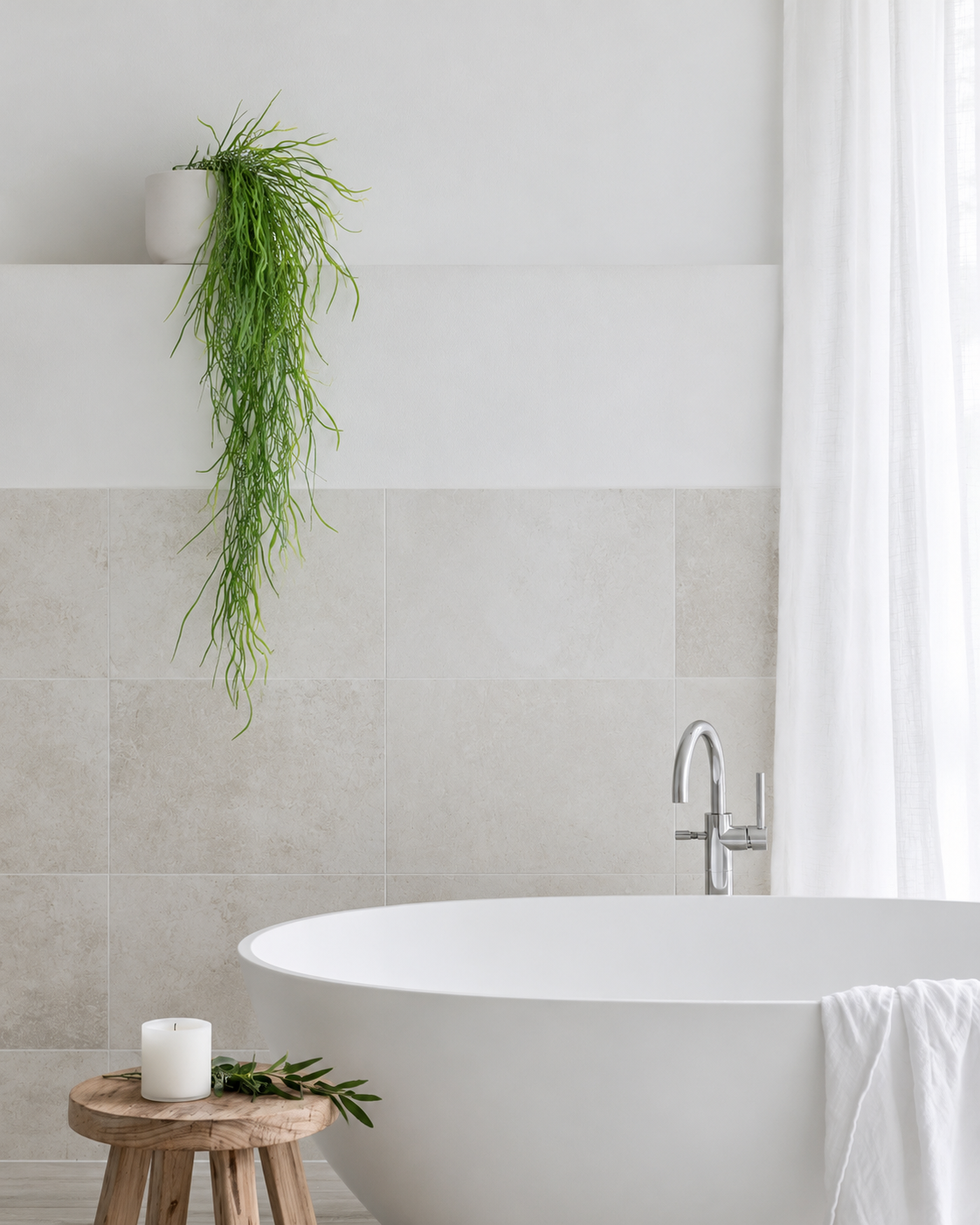 Hanging Grass Vine in a small plain white ceramic pot on the high wall ledge