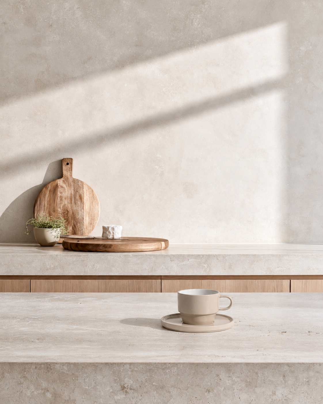 Hudson Mug on its saucer on a travertine kitchen bench