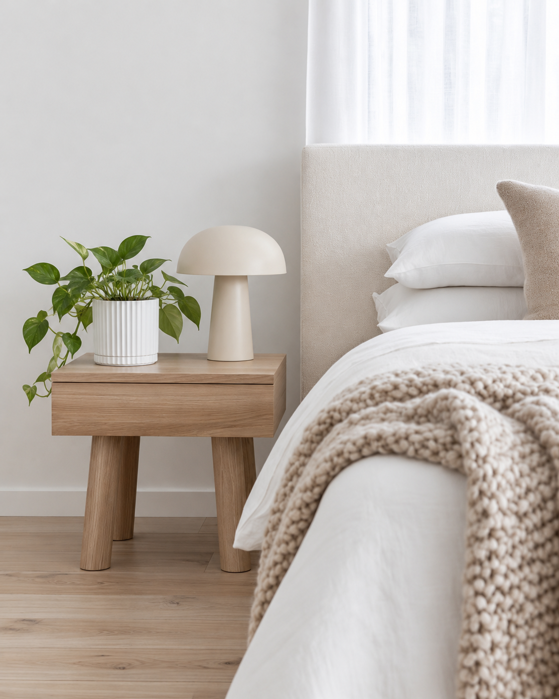 White Athens ribbed planter on an oak bedside table beside a mushroom lamp