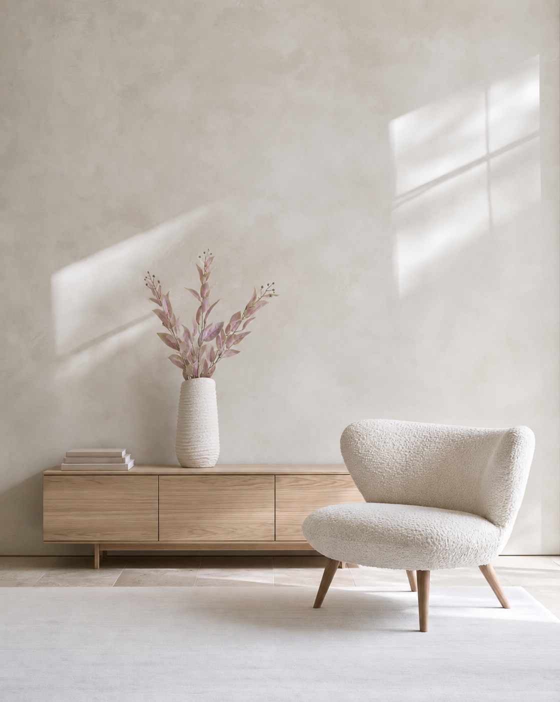 Two Garden Sage Spray stems in a tall stone vase on a sideboard