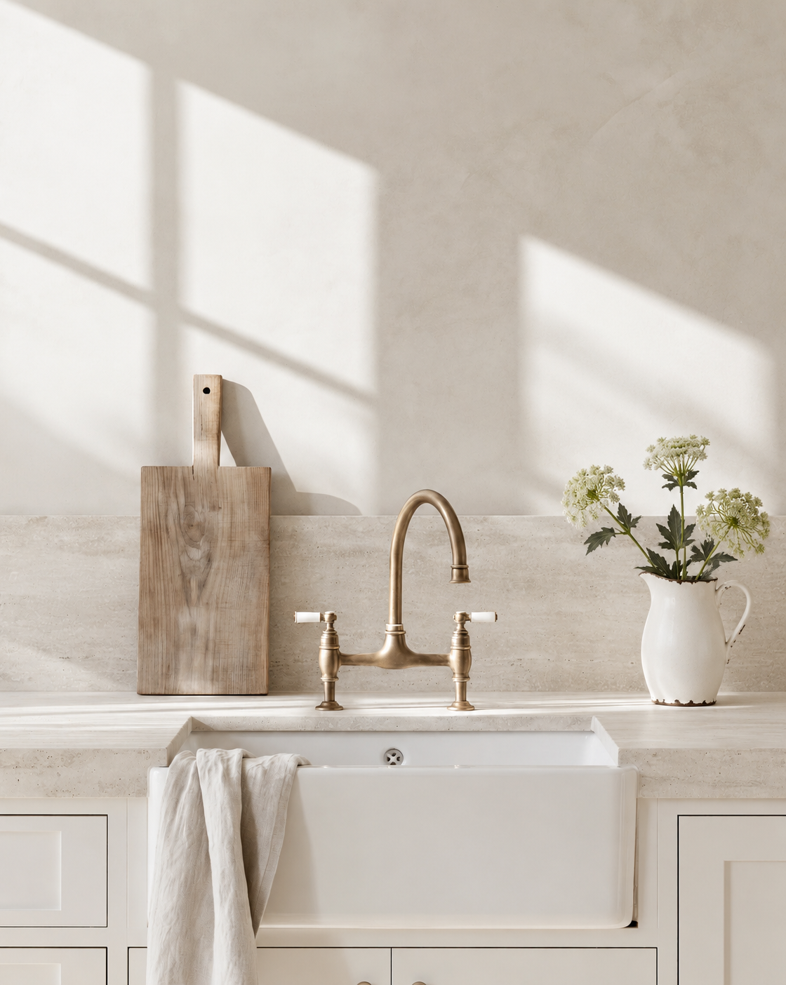 Three Queen Anne's Lace stems in a white jug beside a farmhouse sink