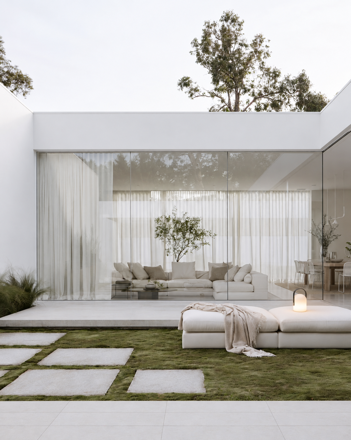 Hampton LED Lantern glowing on an outdoor daybed by a glass-walled house