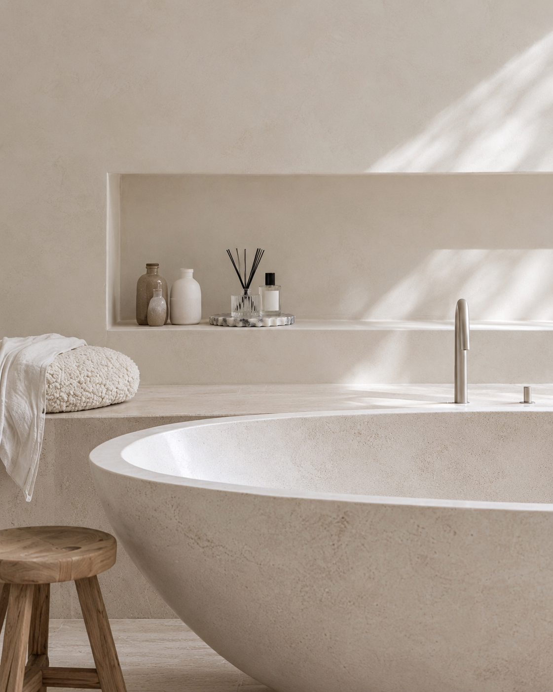 Elle Petal-Edge Marble Tray on the stone bath ledge in the bathroom niche
