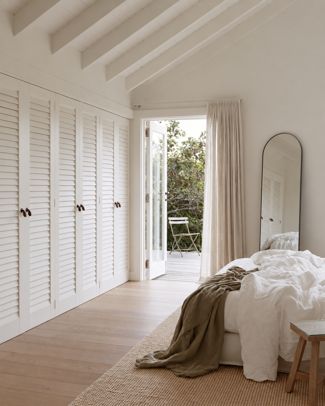 Titanium Hubba arched leaning mirror in a bedroom