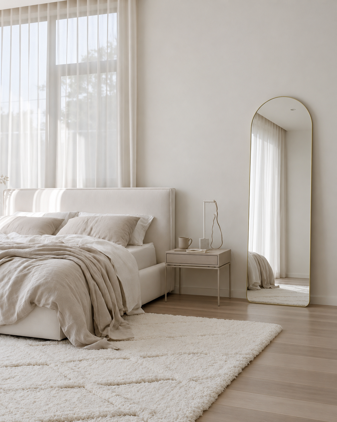Hubba arched leaning mirror in brass styled in a room: leaning against the bedroom wall beside the bed