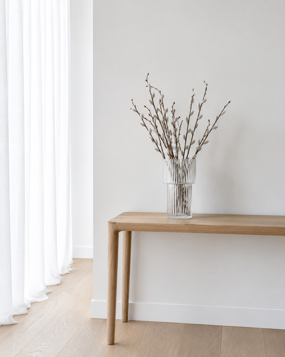 Faux Pussy Willow Bundle, 3 Tied Branches, 55cm styled on a console table