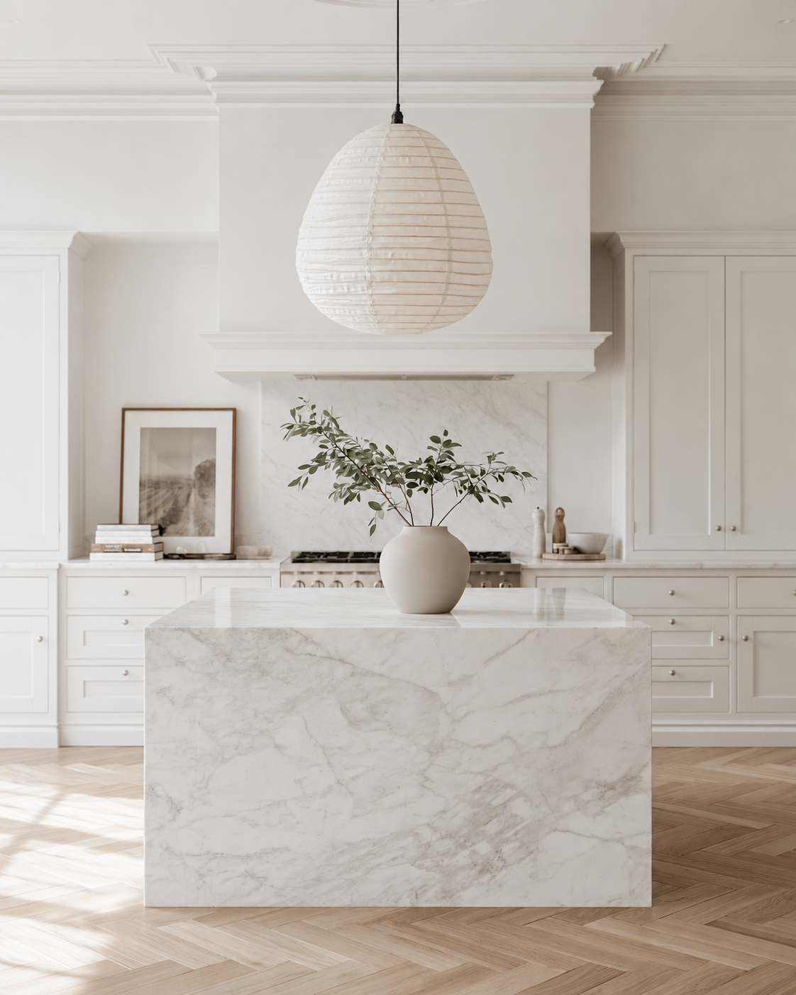 White linen pear pendant shade hanging above a marble kitchen island
