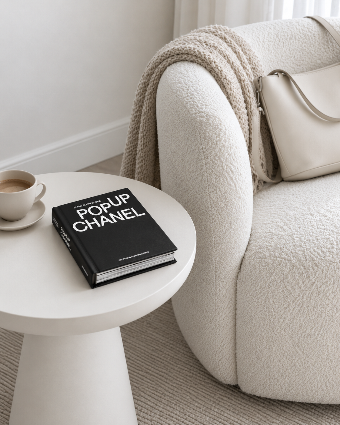 Pop-Up Chanel book on a round white side table beside a boucle armchair