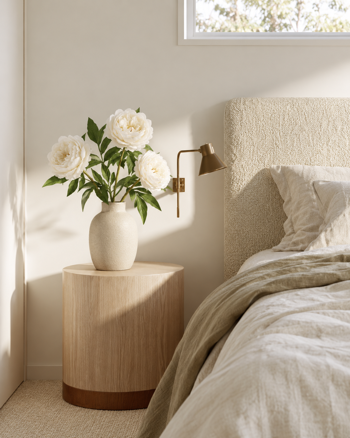 Three Sadie cream real touch peony stems in a speckled vase on a round oak bedside table