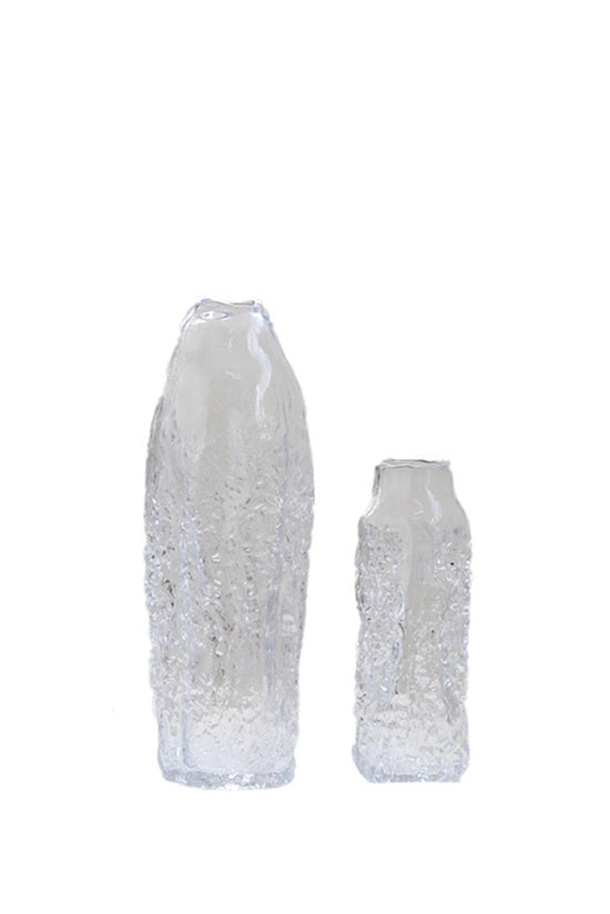 Flux Vase large and small, tall clear cylinder vases with icy rippled texture on white