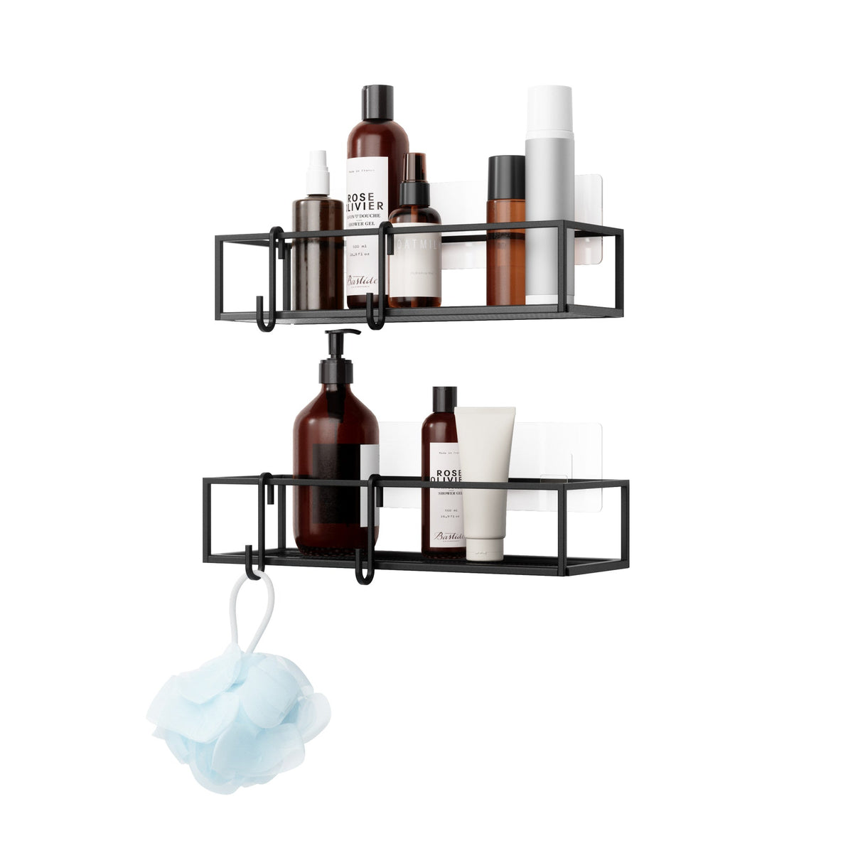 Umbra Cubiko bent wire bin mounted on a wall holding soap and shampoo bottles