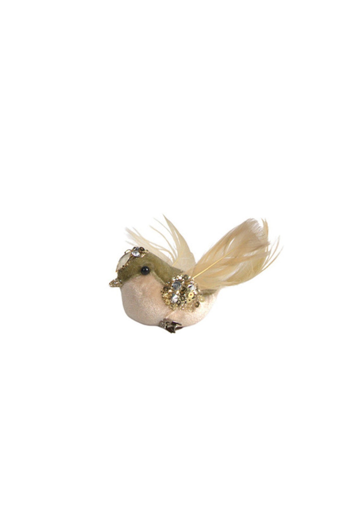 Small fluffy moss green finch chick decoration with a clip