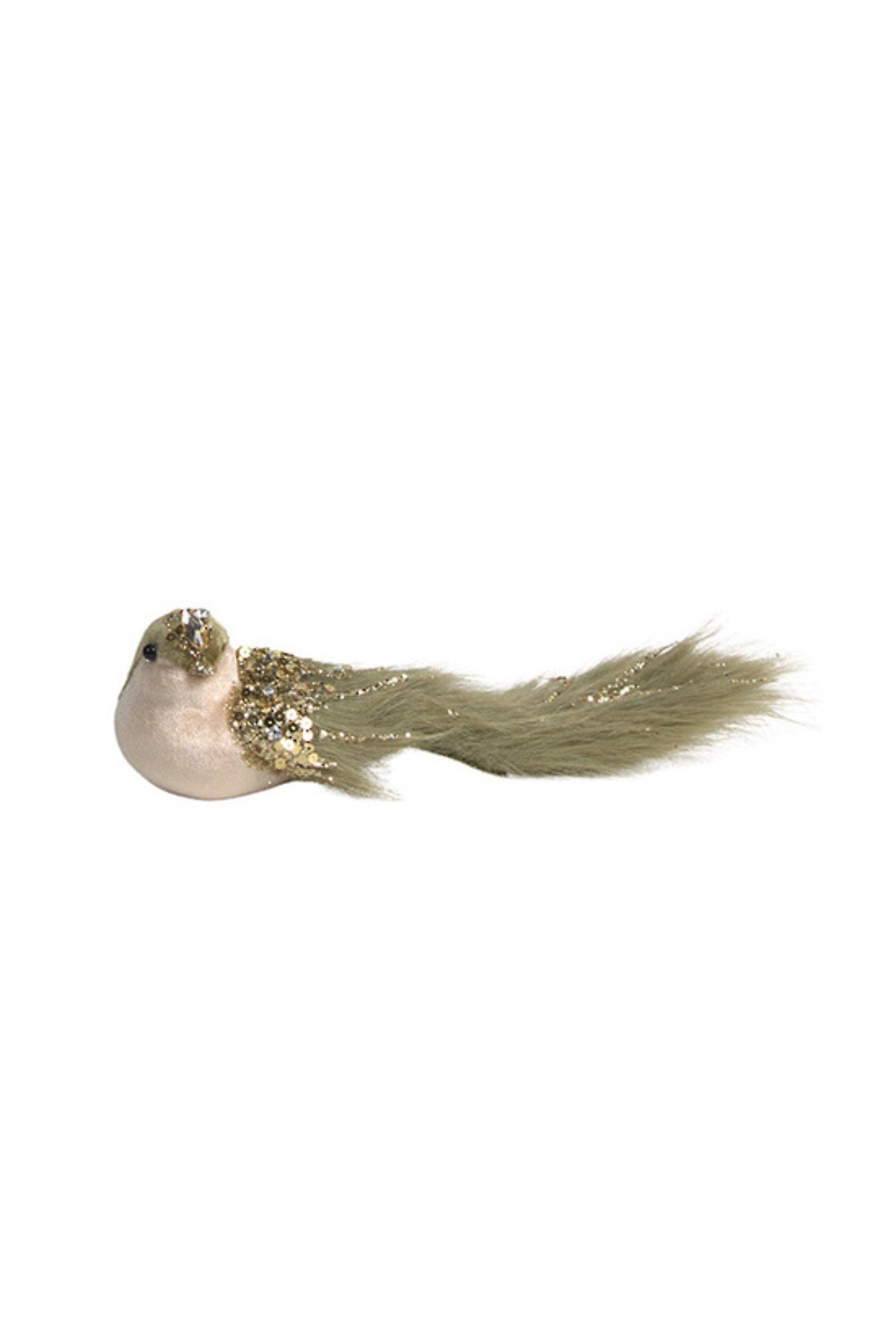 Moss green feathered finch bird Christmas decoration with a long tail and clip, 20cm