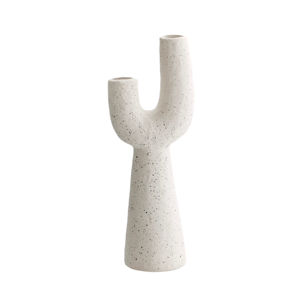 Franki off-white cement vase with a two-armed, cactus-inspired silhouette on a white background