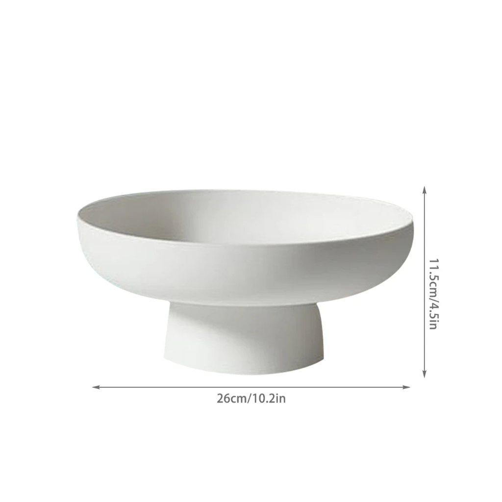 Pedestal bowl with dimensions marked, 26cm across and 11.5cm tall, on a white background
