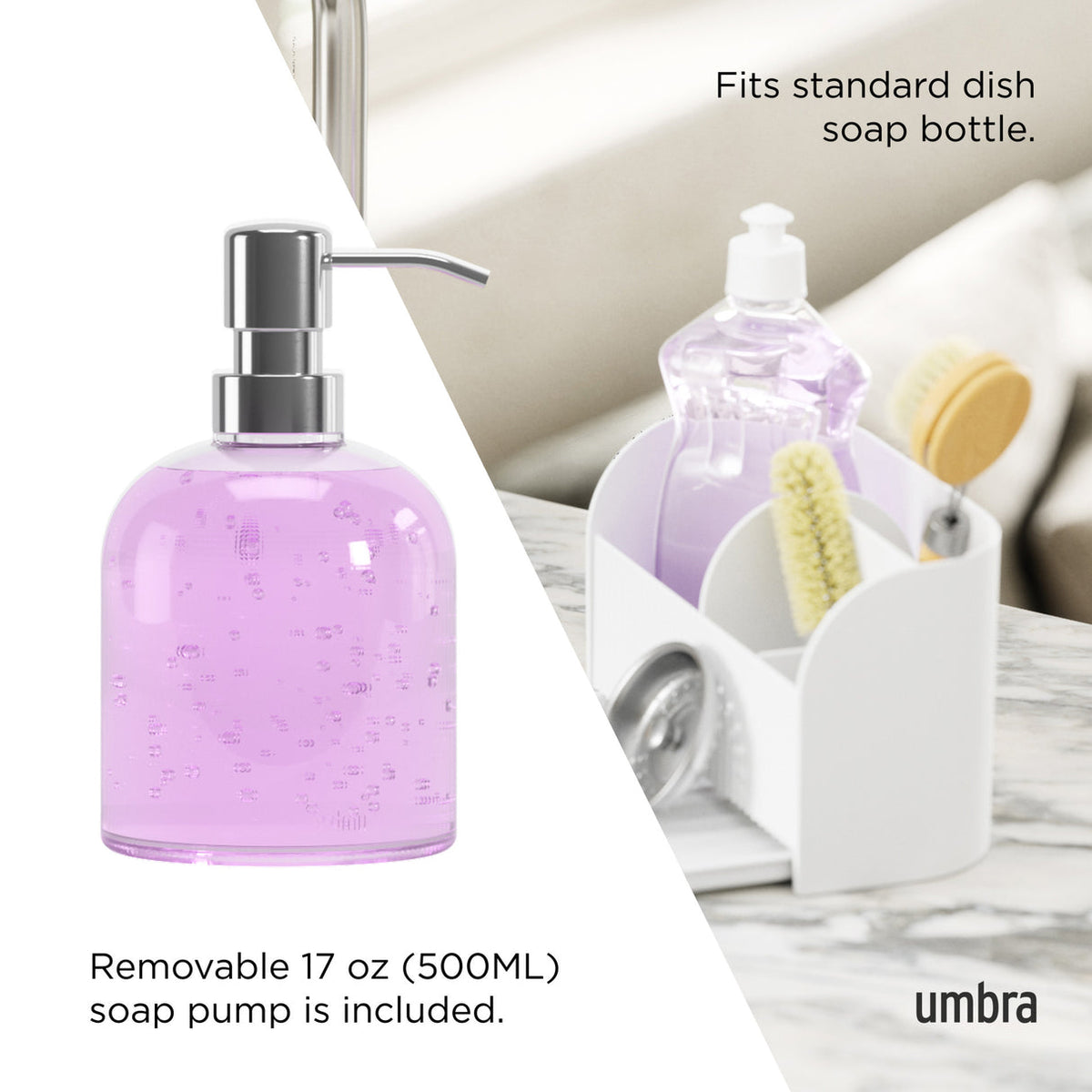Umbra Sling sink caddy with its 500ml soap pump, sized for a standard soap bottle