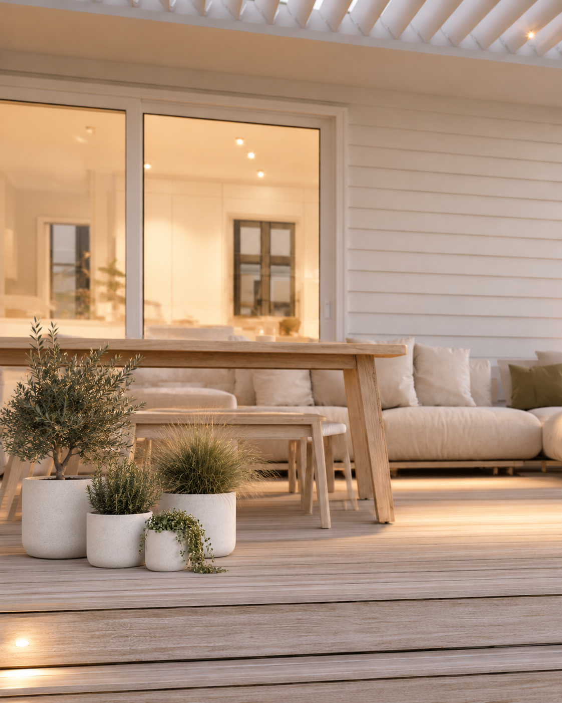 Rustie white cement pot set planted with olive, grasses and trailing greenery on a timber deck