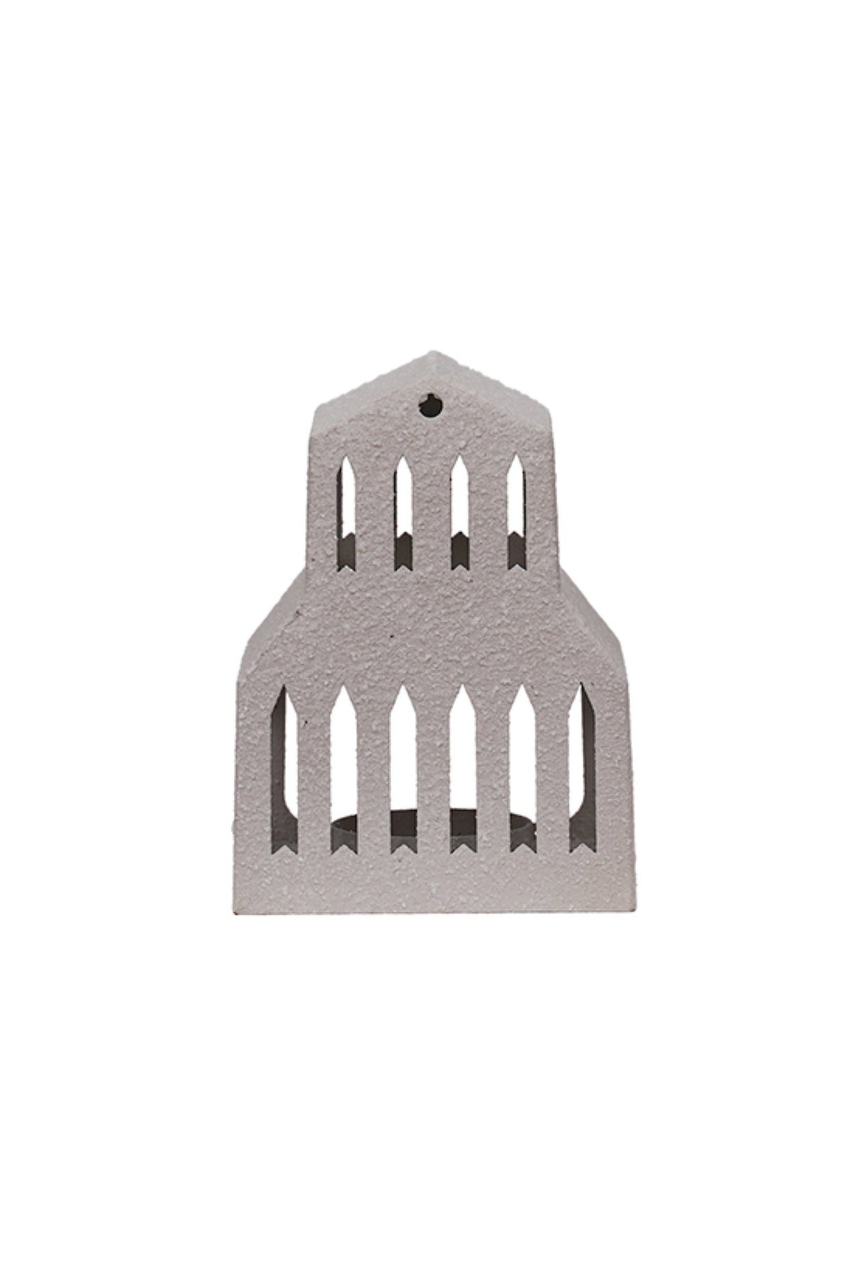 Grey ceramic gable roof house tealight holder with rows of window cut-outs, small (10cm W x 7.5cm D x 13cm H)
