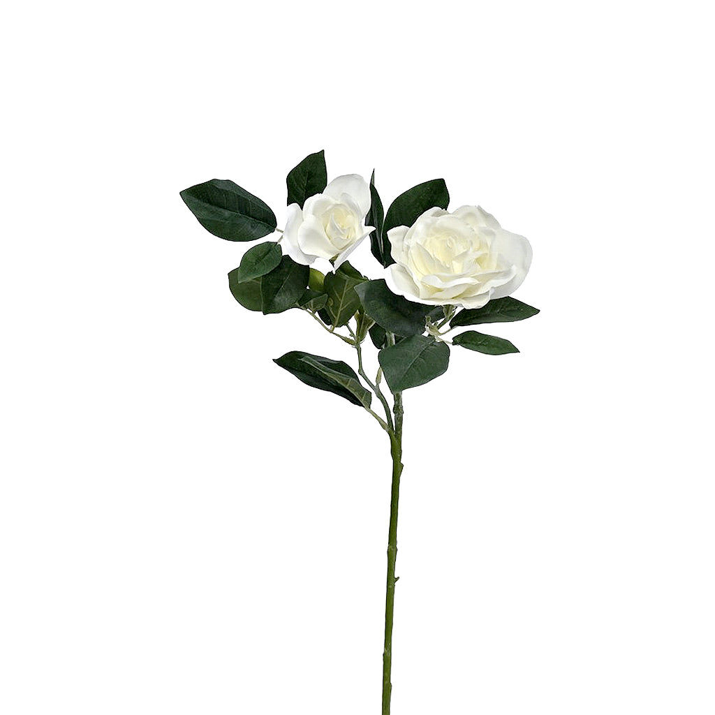 Gardenia faux stem with one open white bloom, buds and dark green leaves on a plain background