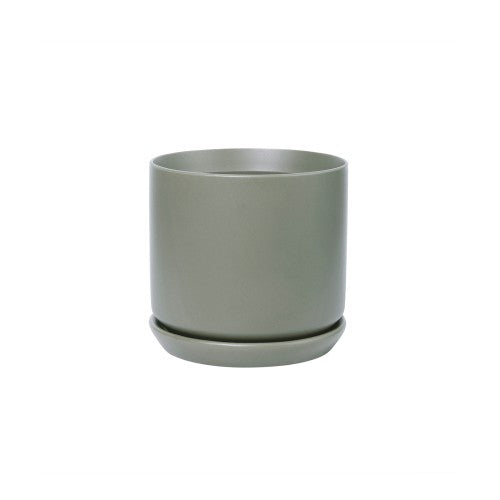 Oslo Sage Medium stoneware planter with matching saucer, 15cm soft sage green pot
