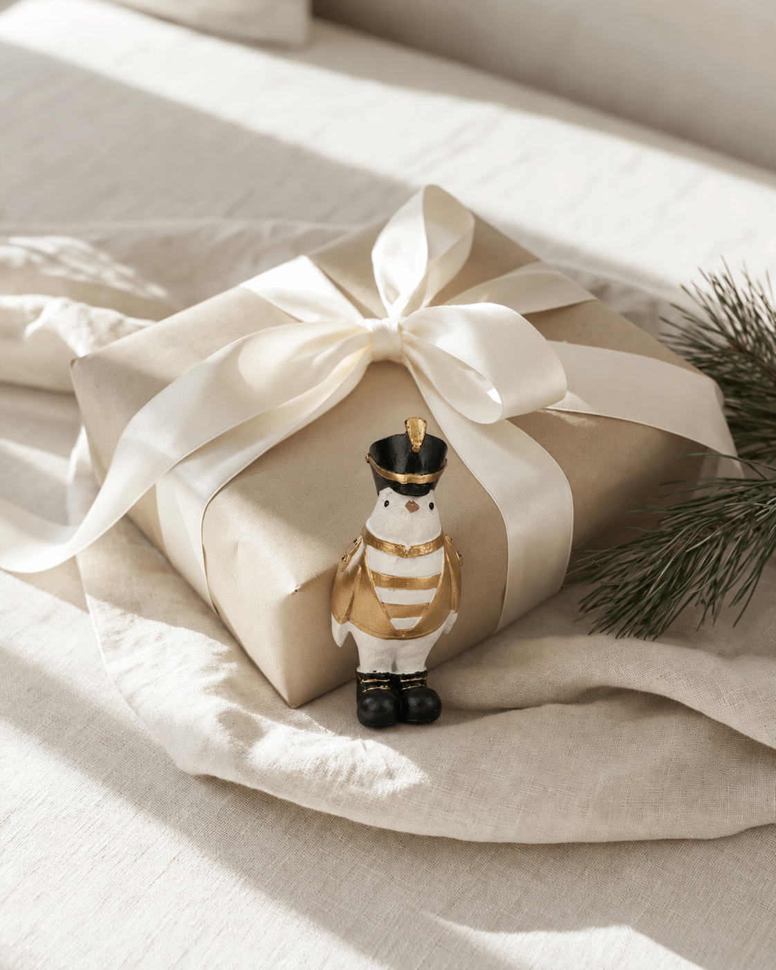 The General Bird figurine in gold and white standing beside a kraft-wrapped gift with a cream satin bow on linen