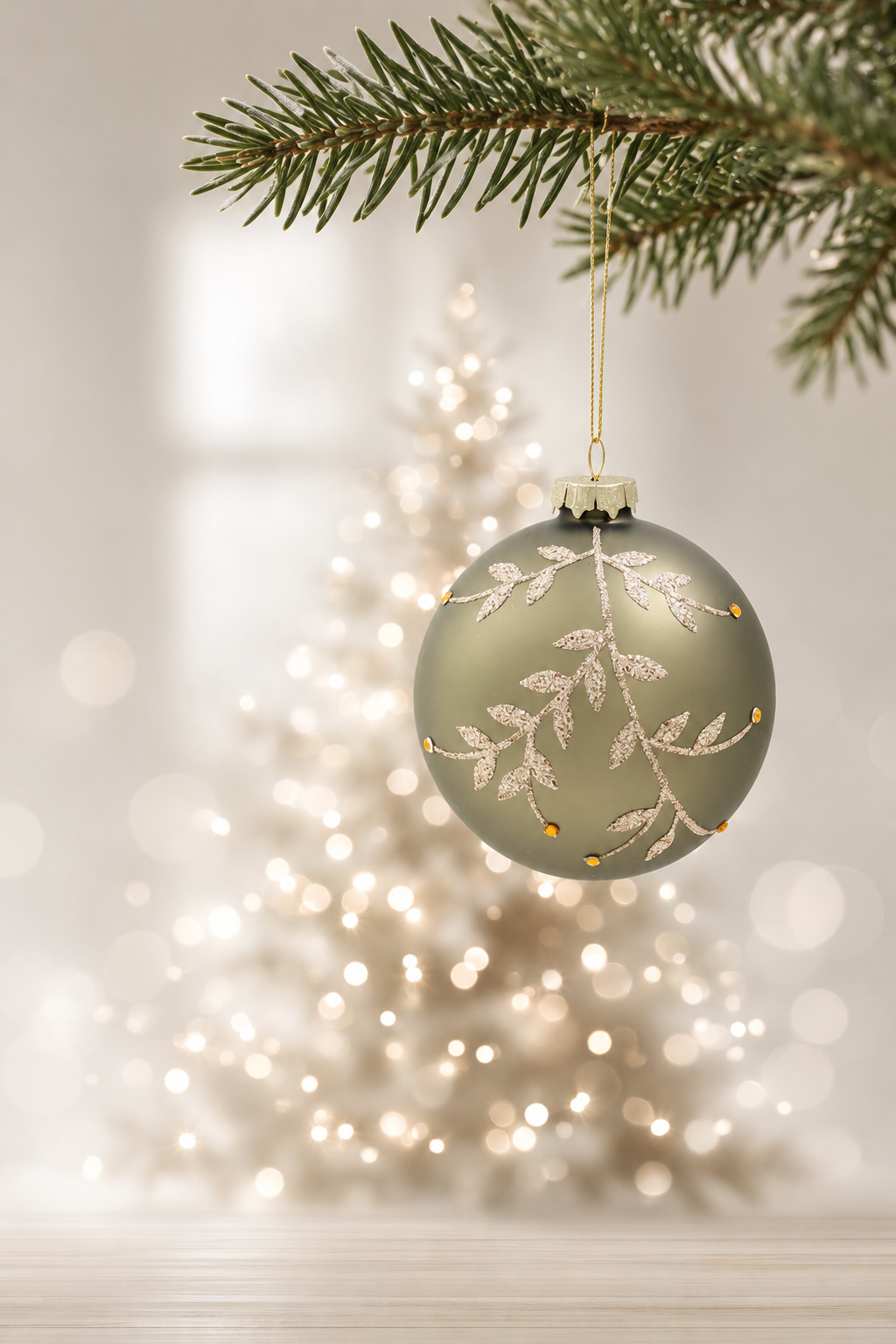 Gilded Vine glass bauble in sage and champagne hanging from a pine branch in front of a softly glowing Christmas tree