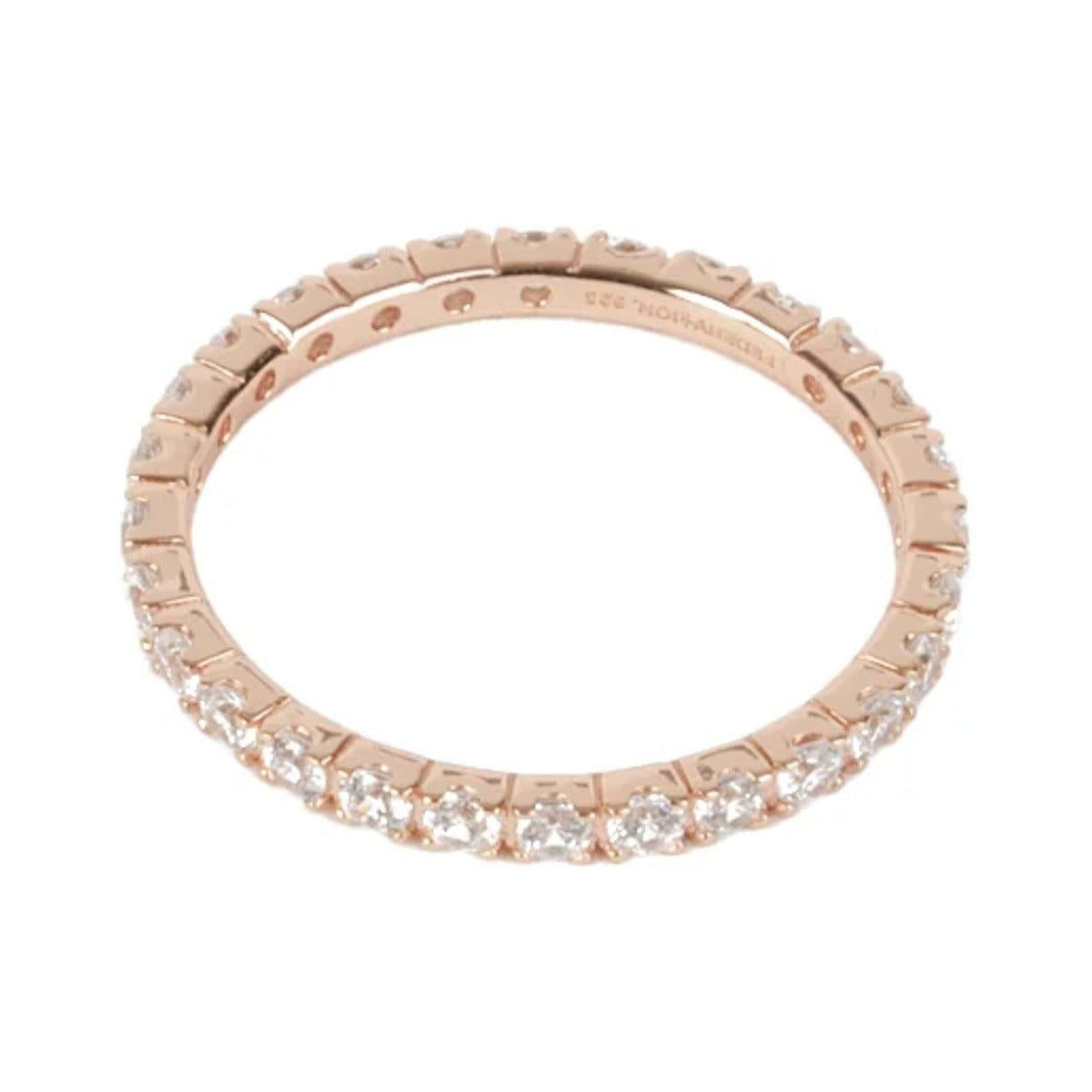 Go Around Stacker Ring shown in the Rose Gold option, fine rose gold band with clear stones