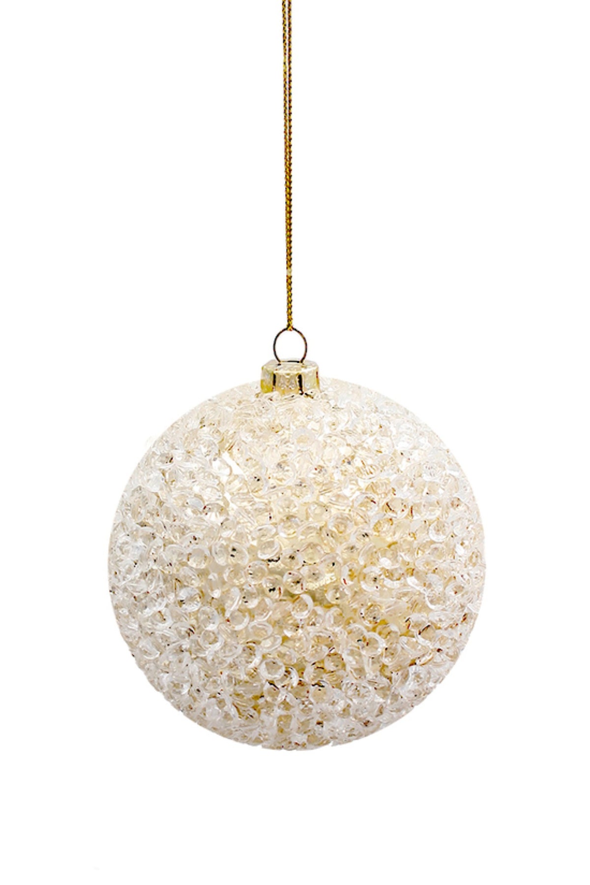 Cream Christmas bauble covered in soft gold beads, 8.5cm