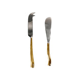 Gold cheese knives set of two with polished steel blades and sculptural handles