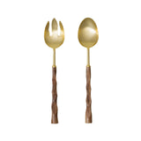 Gold and wood salad servers with satin gold finish and textured wooden handles