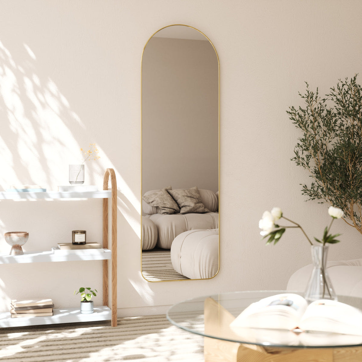 Umbra Hubba arched leaning mirror, full length arched mirror styled in a bedroom