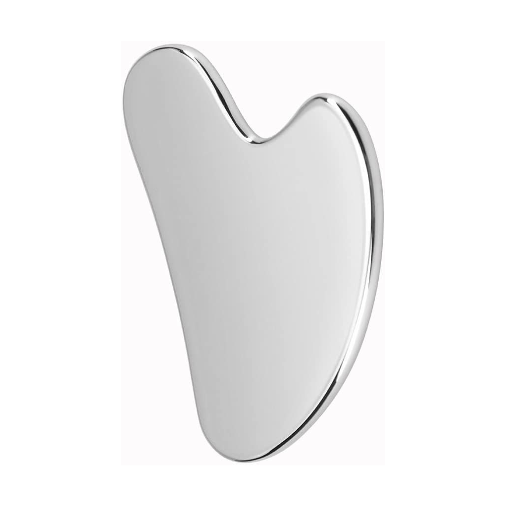 Stainless steel gua sha tool with a curved heart shape, on white