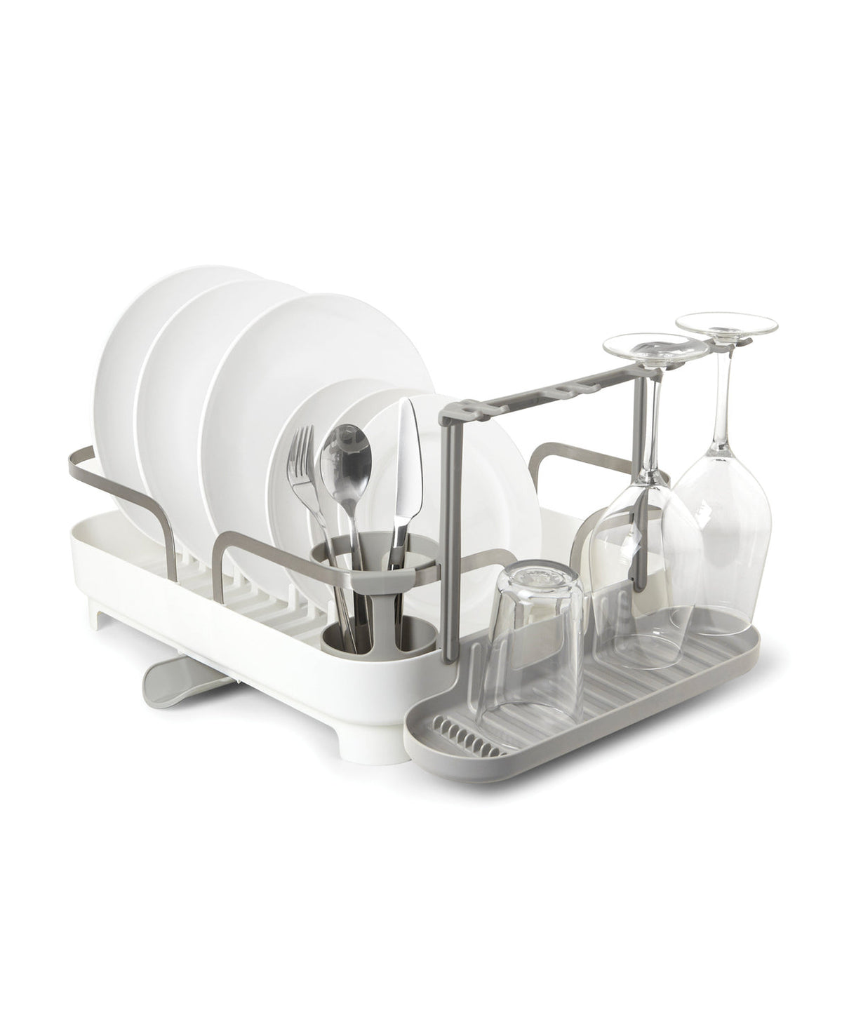 Holster dish rack with plates, cutlery, tumblers and wine glasses, side view