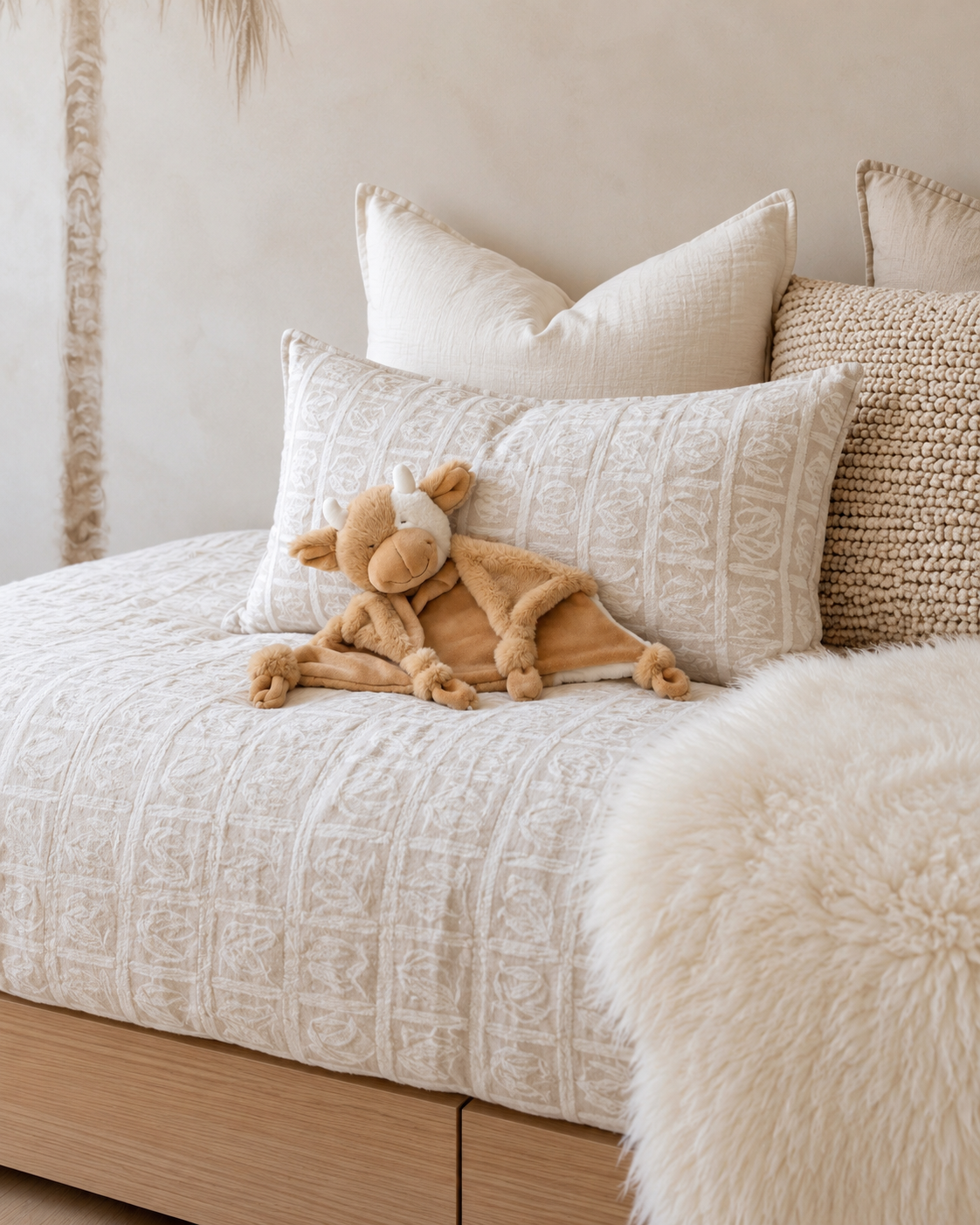 Cow comforter lying on a textured white quilt on a kids daybed