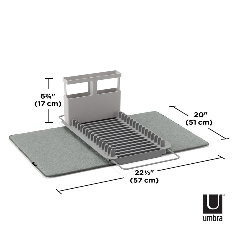 A diagram showing the dimensions of an Umbra UDry Over The Sink Dish Rack With Dry Mat.