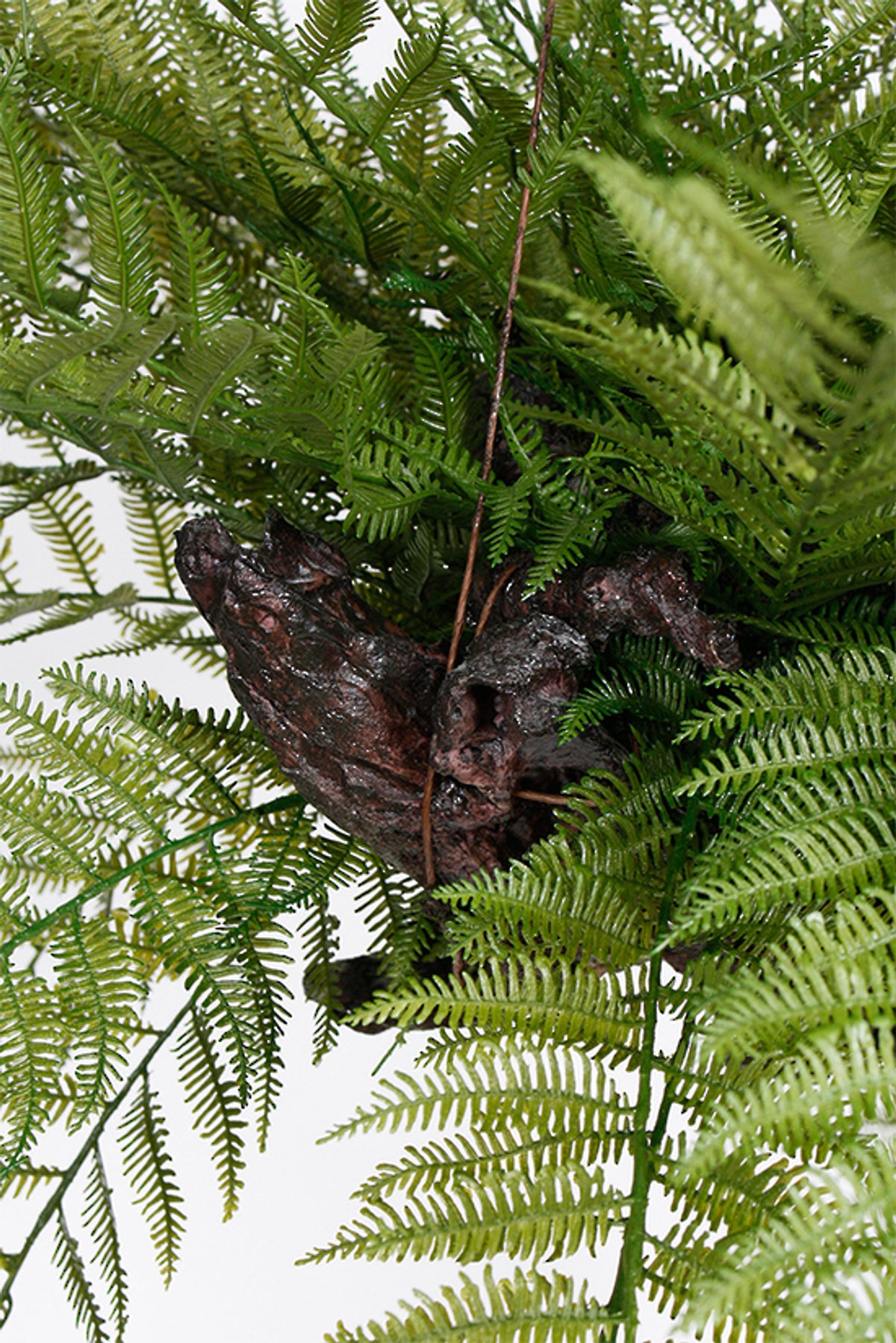 Close view of the bark-look wooden centre with fern fronds hanging around it