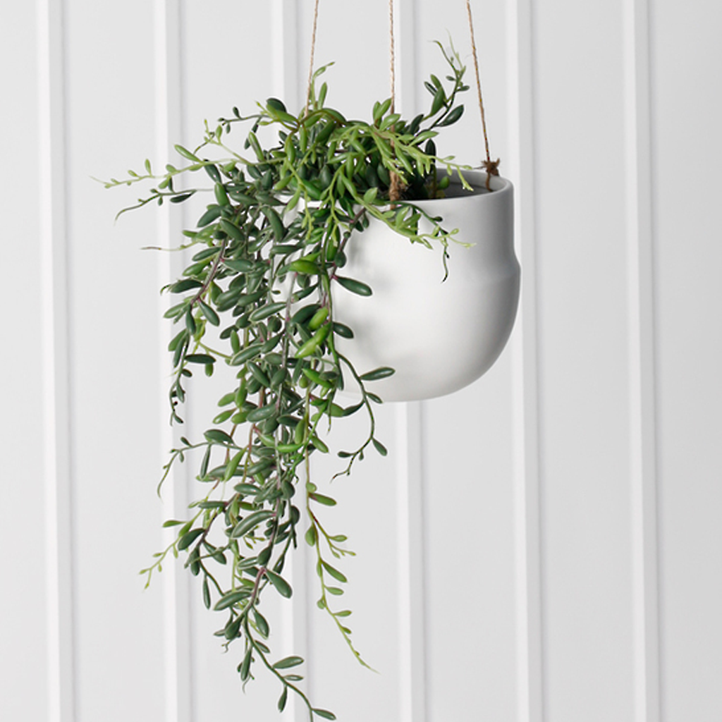 Porcelain Hanging Planter – Modern White or Black Pot with Jute Rope