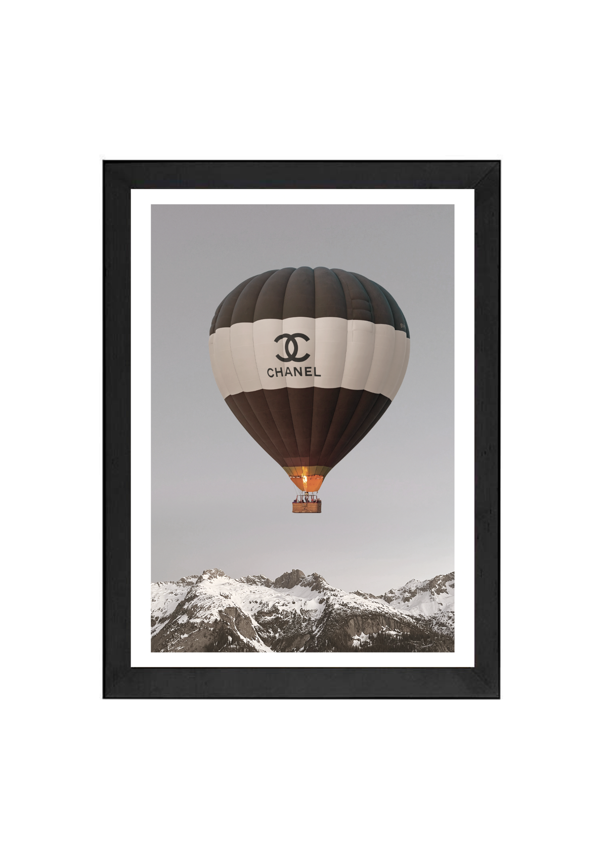 Haute Altitude Print by Papier HQ in a matte black frame, a hot air balloon in soft muted tones