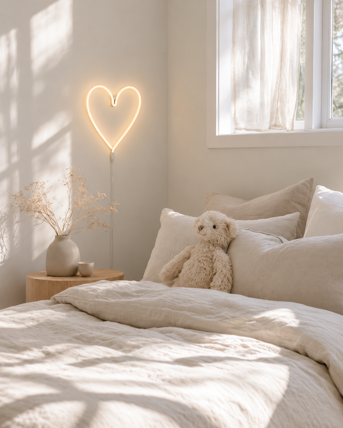 Heart neon LED wall light glowing warm white above a timber bedside table with dried flowers beside a linen bed