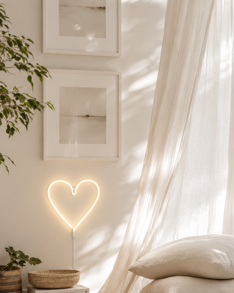 Heart neon LED wall light glowing warm white beside a canopy reading nook above stacked books and baskets
