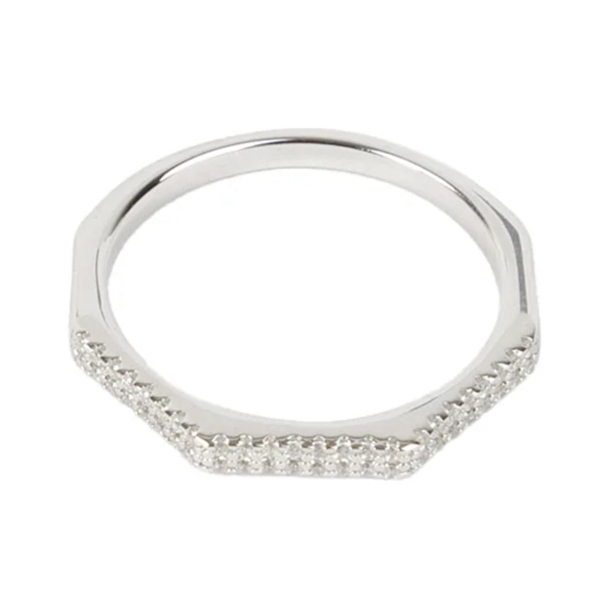 Hexed Ring by Federation, fine hexagon shaped silver band with clear stones along one flat edge