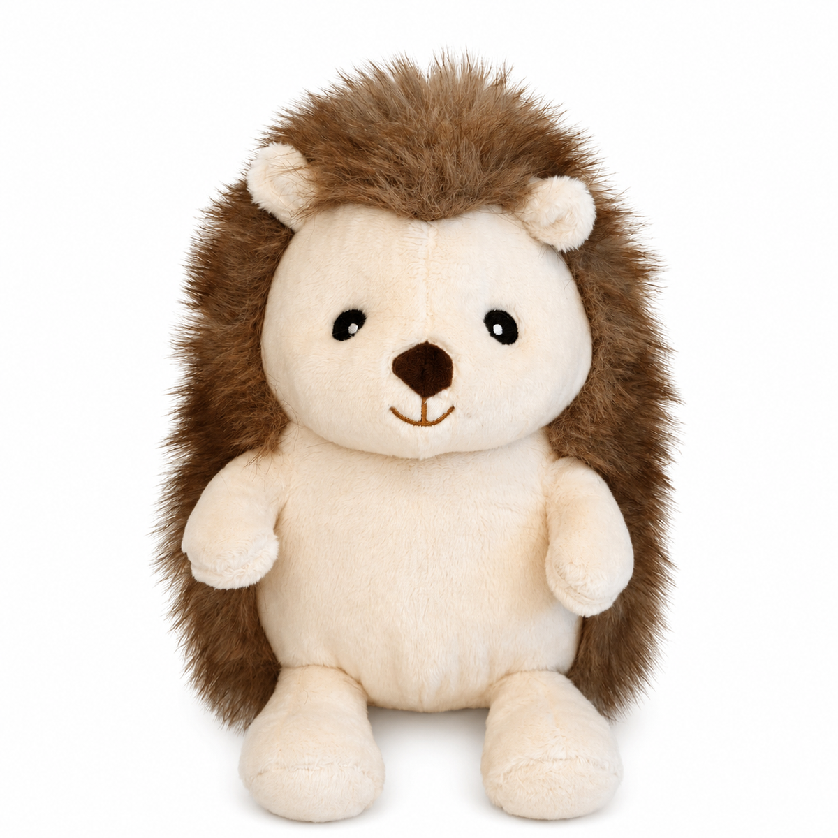 Hugo the Hedgehog soft toy by Lily & George, cream plush hedgehog with a shaggy brown fur back